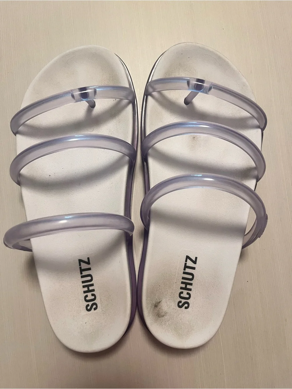 SCHUTZ Clear Lilac Triple-Strap Slide Sandals - Picture 1 of 4